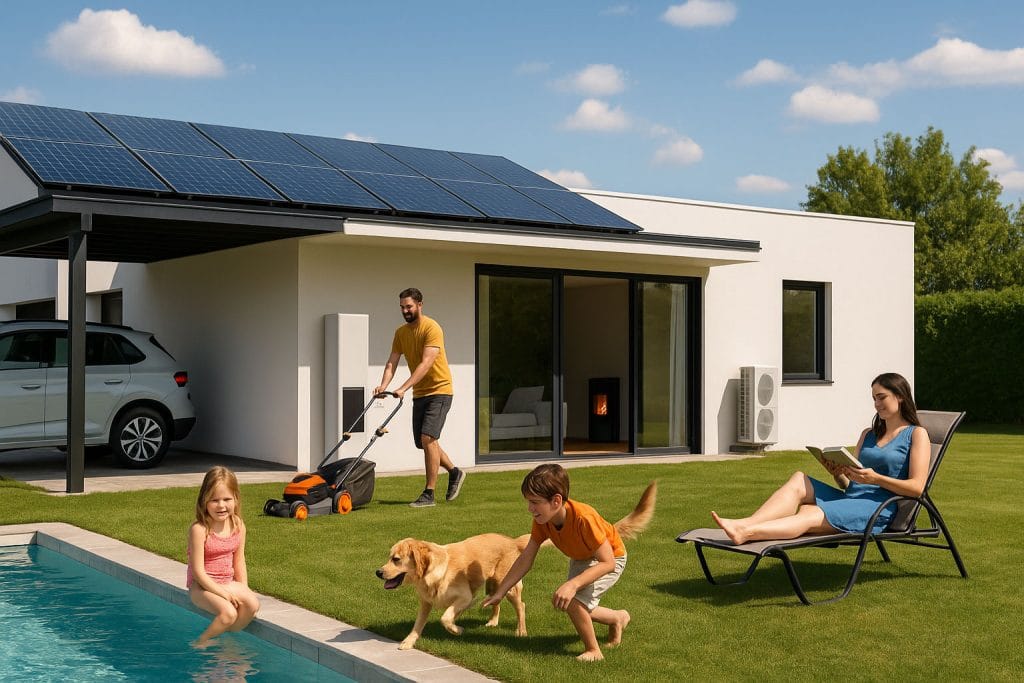 Preguntas clave antes de invertir en energía solar, aerotermia o biomasa Familia Disfrutando De Un Hogar Sostenible Con Placas Solares Aerotermia Y Estufa De Pellet. Energia Renovable Confort Y Ahorro Con Solarman 1024x683