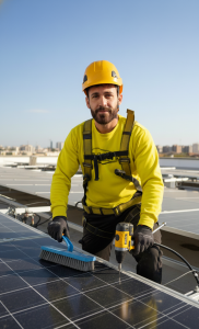 Placas Fotovoltaicas Técnico realizando mantenimiento preventivo de paneles solares en Andalucía