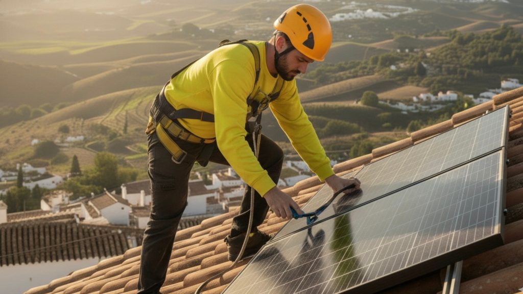 Placas solares fotovoltaicas en tejado para producción eléctrica. Servicio de reparación e instalación Solarman.