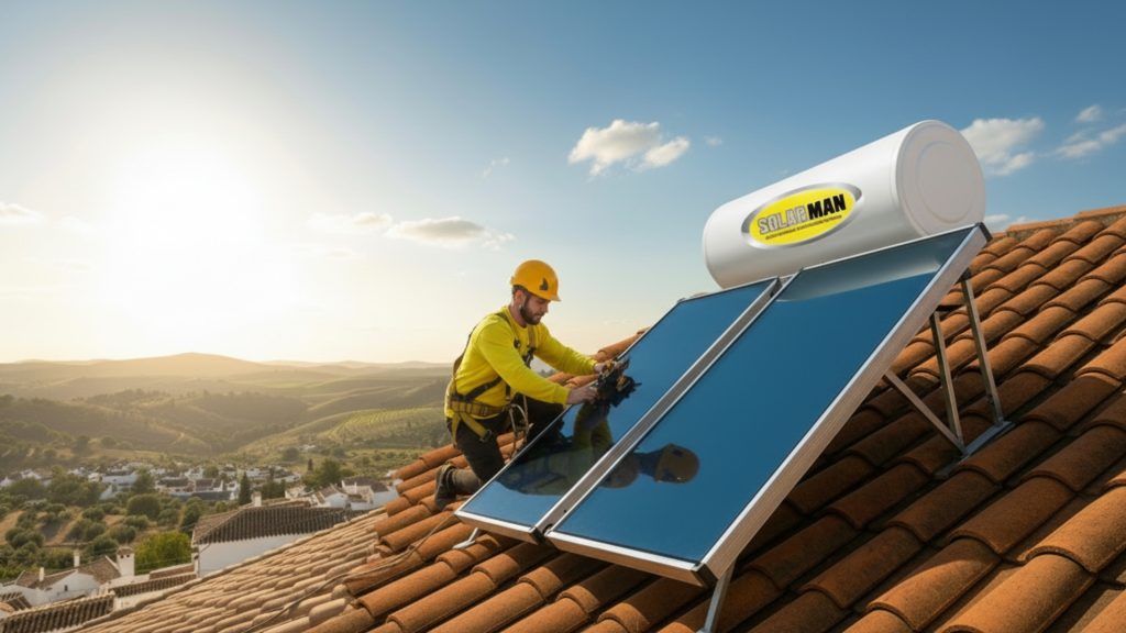 Placas solares térmicas en tejado para suministro de agua caliente. Servicio de reparación y mantenimiento Solarman.